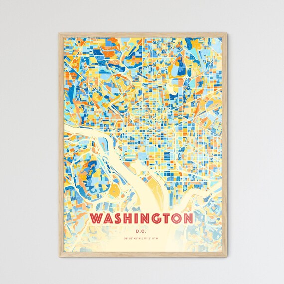Washington DC Colorful Blue Orange City Map Art Poster Decor
