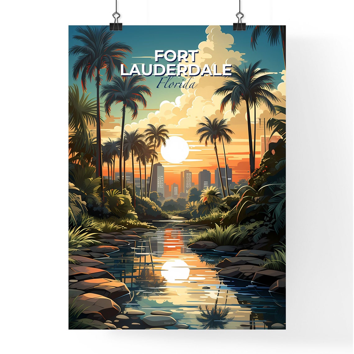 Vivid Fort Lauderdale Florida Sunset Palms Stream Skyline Poster - Image 4