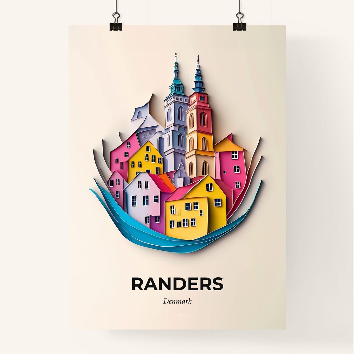 Randers Denmark Colorful Paper Cut Twin Towers Travel Poster Art - Image 4