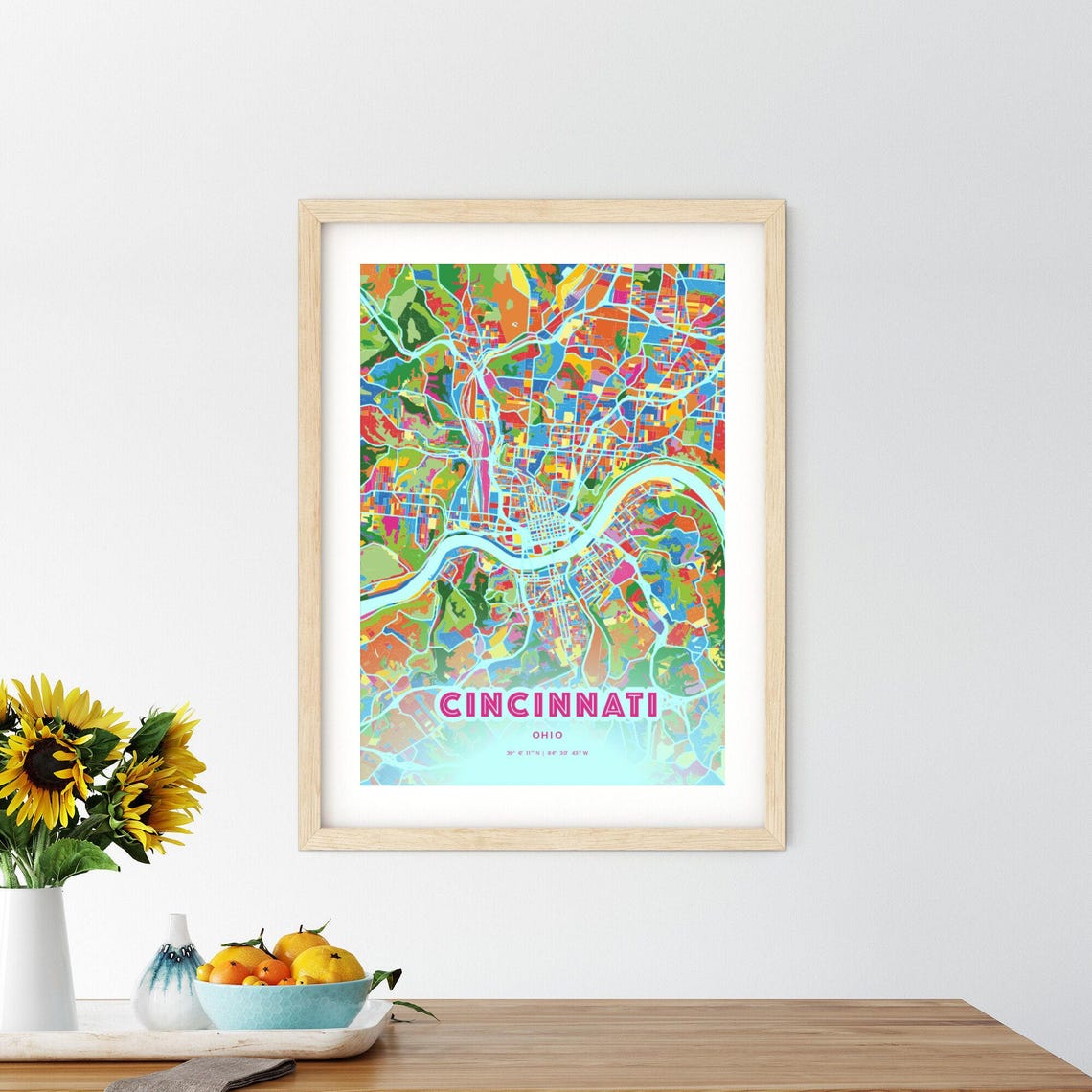 Cincinnati Ohio Vibrant Crazy Colorful Mosaic City Map Poster - Image 2