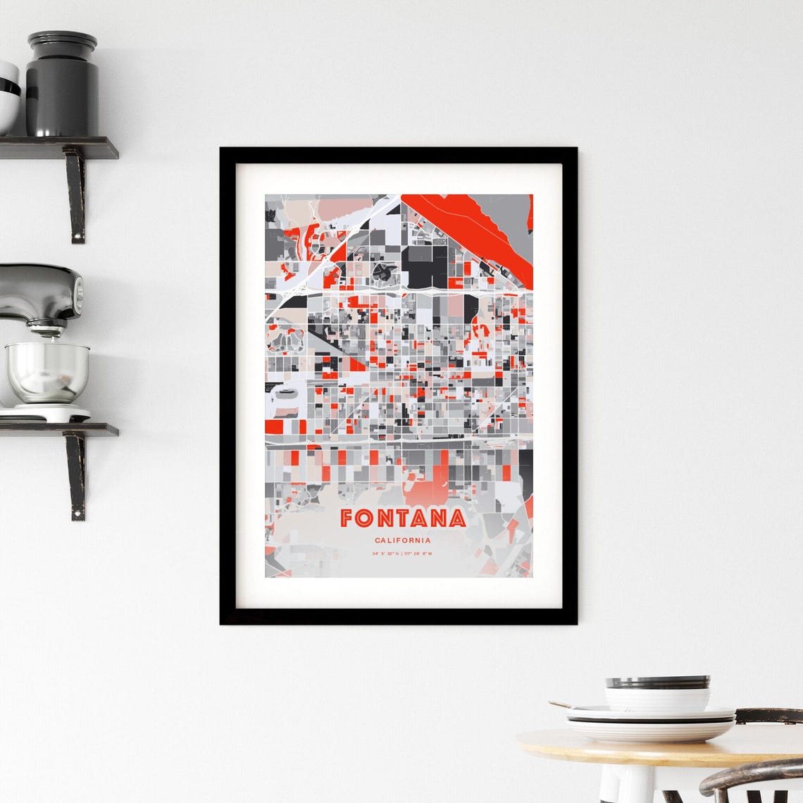Fontana California City Map Art Modern Red Gray Decor Poster - Image 2