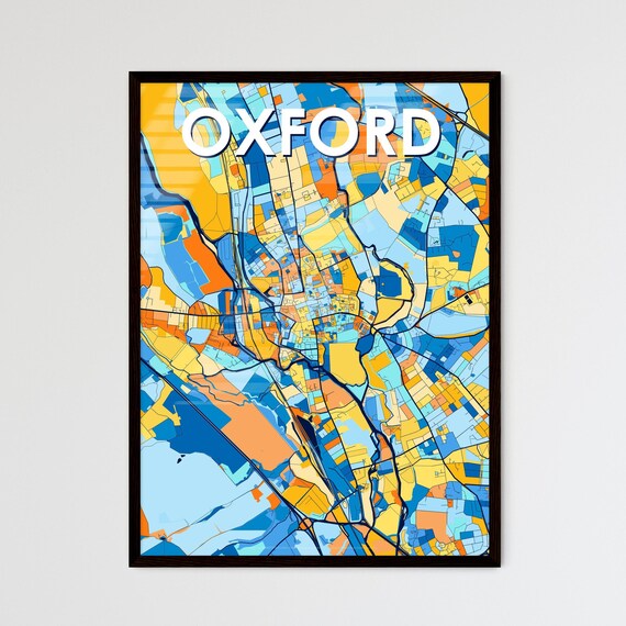 Oxford England Blue Orange City Map Poster Bold Modern Street Grid Art