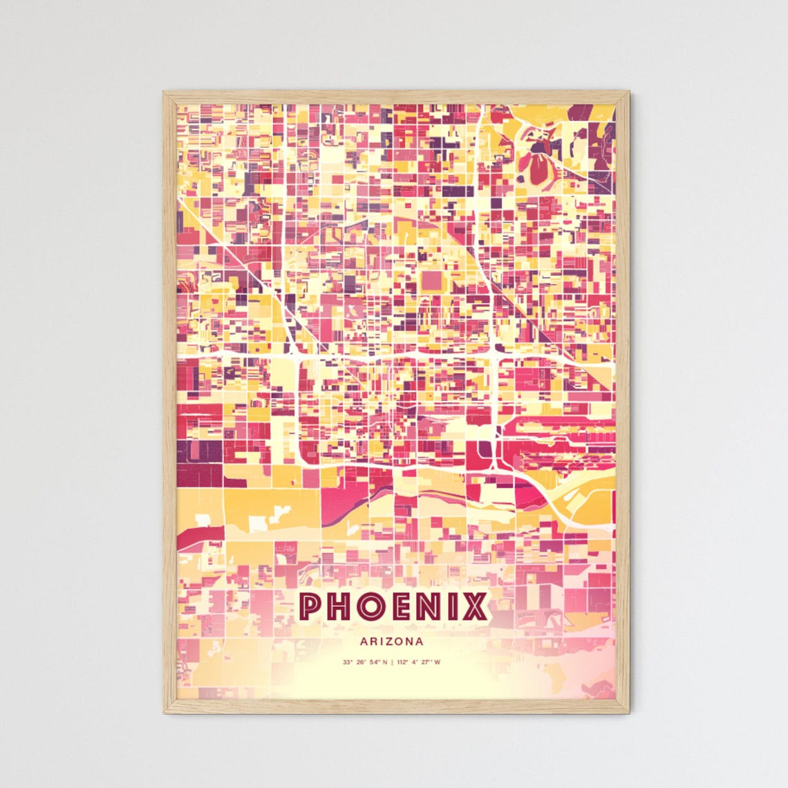 Phoenix Arizona Vibrant Red Sunset Tones City Map Art Poster