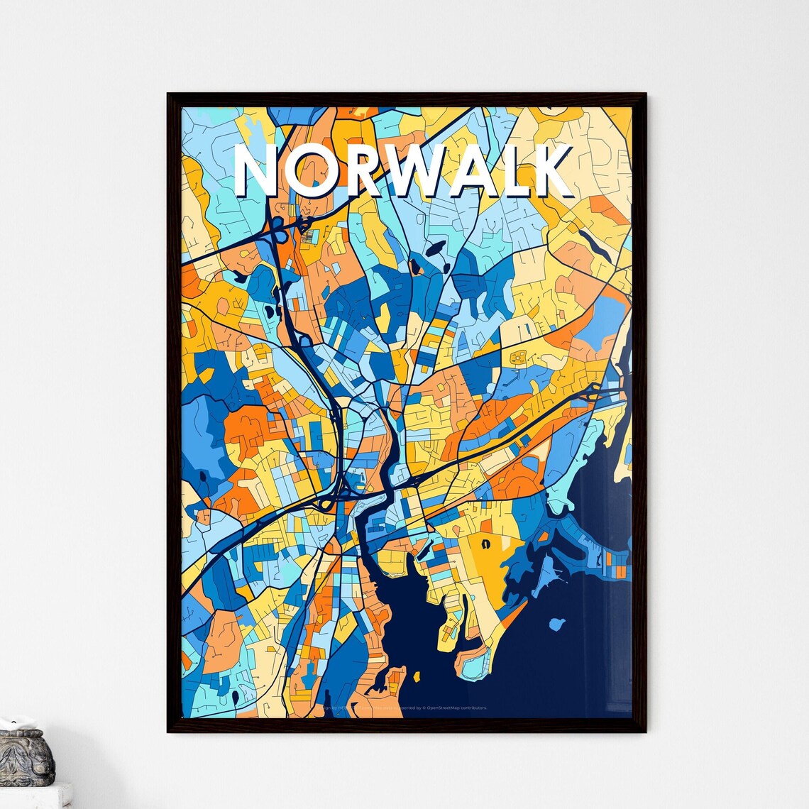 Norwalk Connecticut Stylish Vibrant Blue and Orange Mosaic City Map Poster