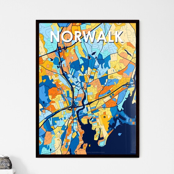 Norwalk Connecticut Stylish Vibrant Blue and Orange Mosaic City Map Poster