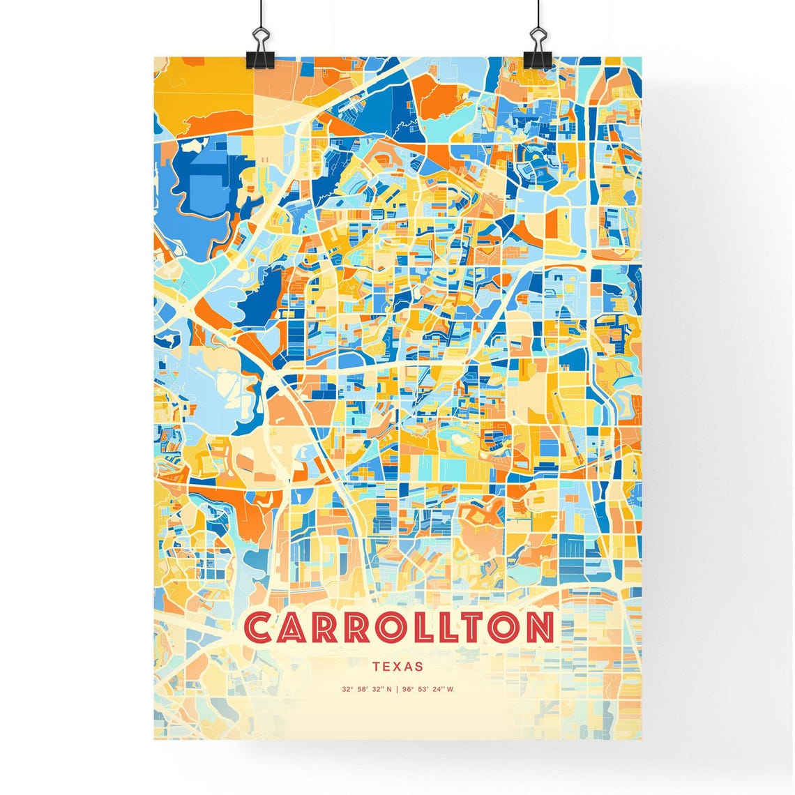 Carrollton Texas Colorful Modern Blue Orange City Map Art Poster - Image 3
