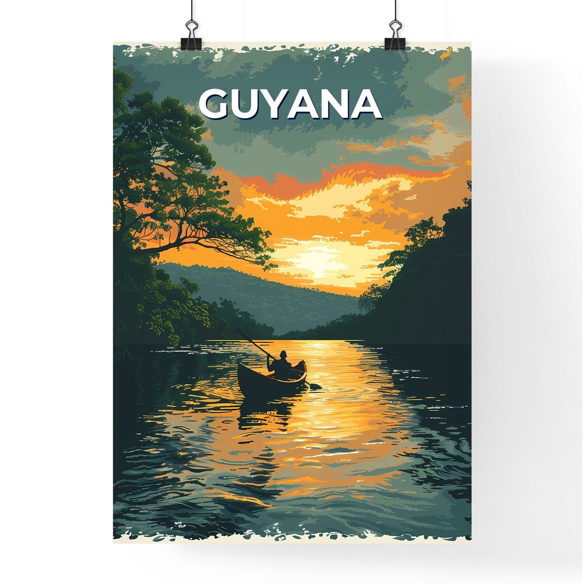 Guyana Sunset River Canoe Paddler Rainforest Vintage Travel Poster - Image 4