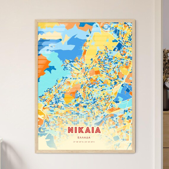 Nikaia Greece Colorful Athens Area Map Coordinates Art Poster