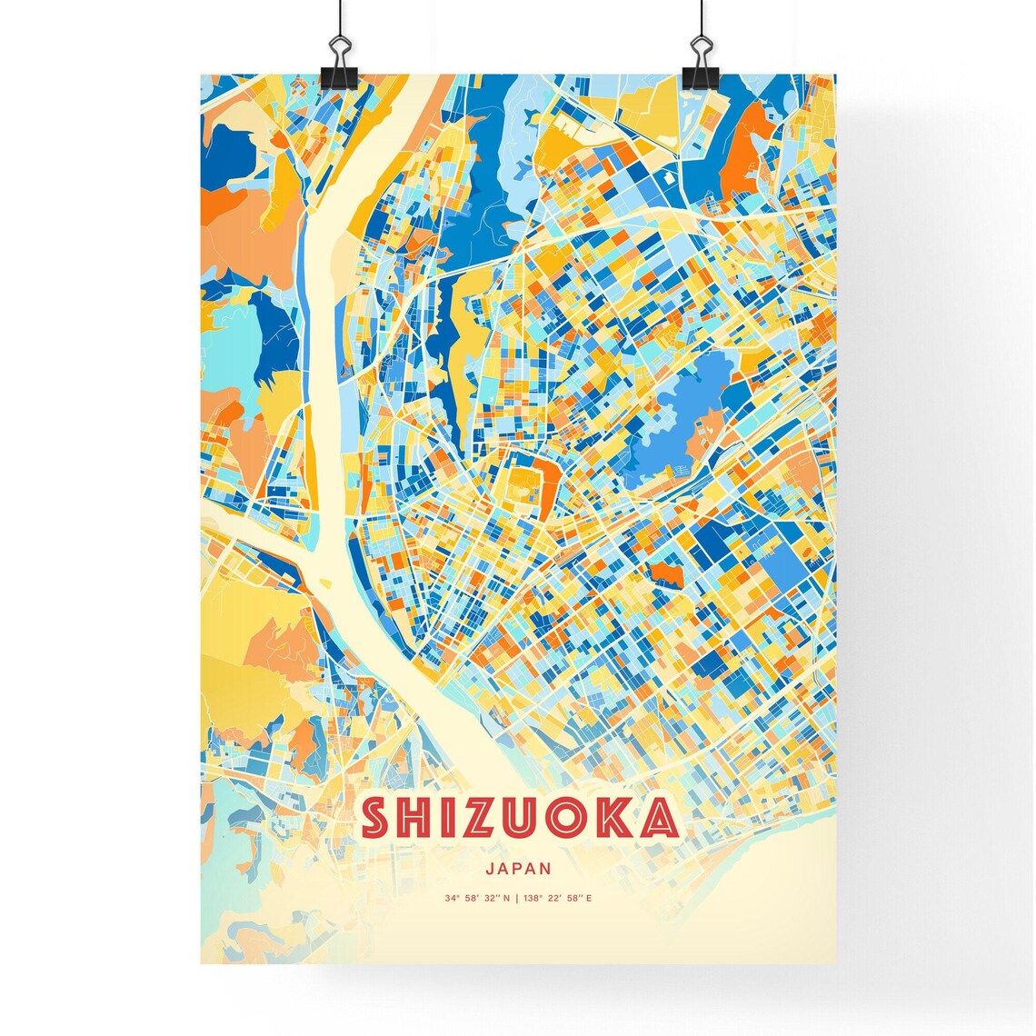 Shizuoka Japan Colorful City Map Poster Blue Orange Elegant Wall Decor - Image 3
