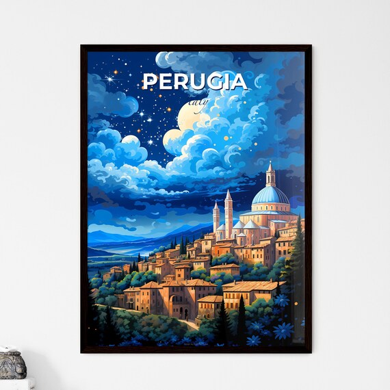 Perugia Italy Night Skyline Poster Moonlit Hill Town Cathedral Decor