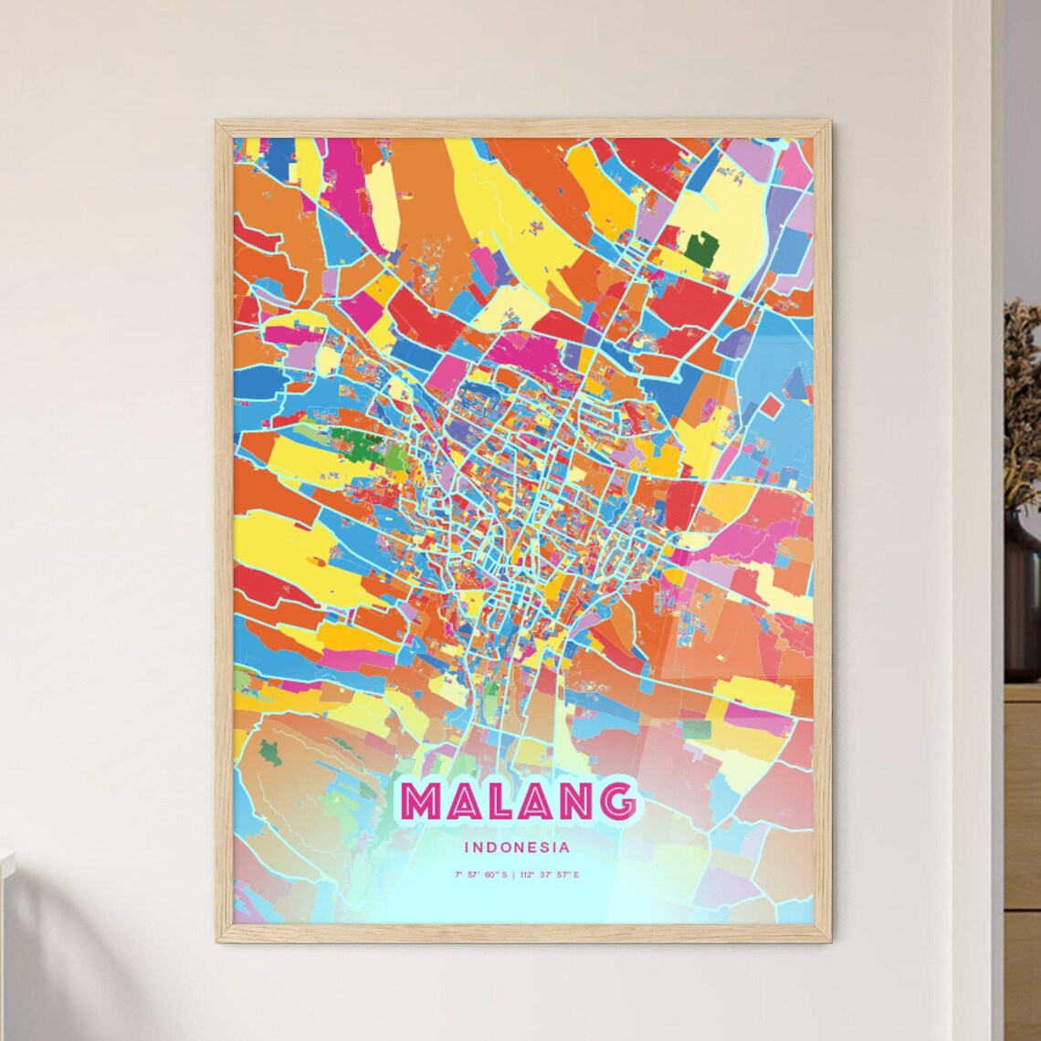 Malang Indonesia Vibrant Crazy Colorful Mosaic City Map Poster