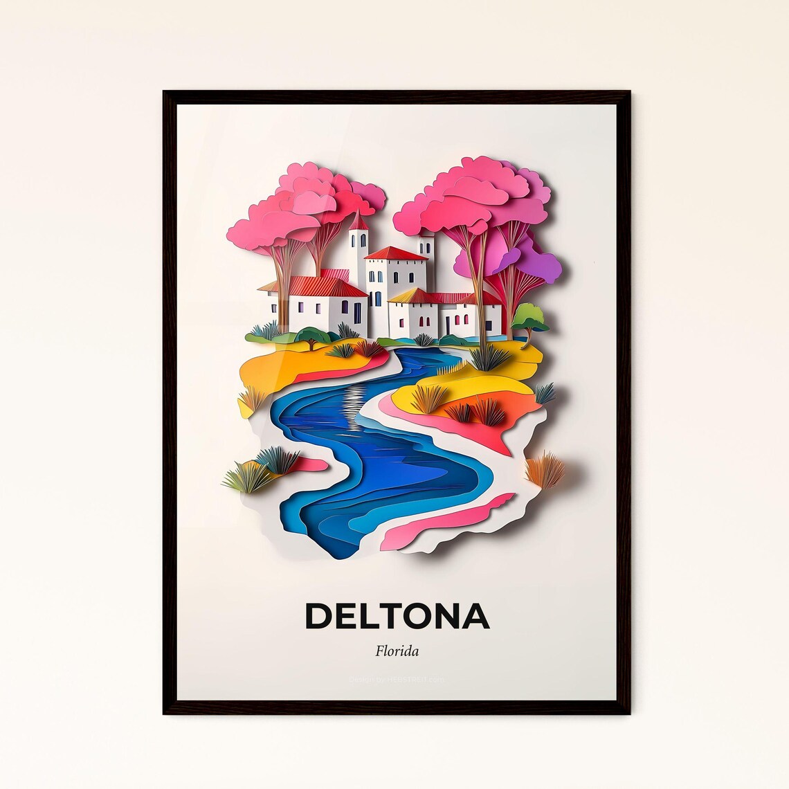Deltona Florida Colorful Paper Cut River Town Travel Art Poster
