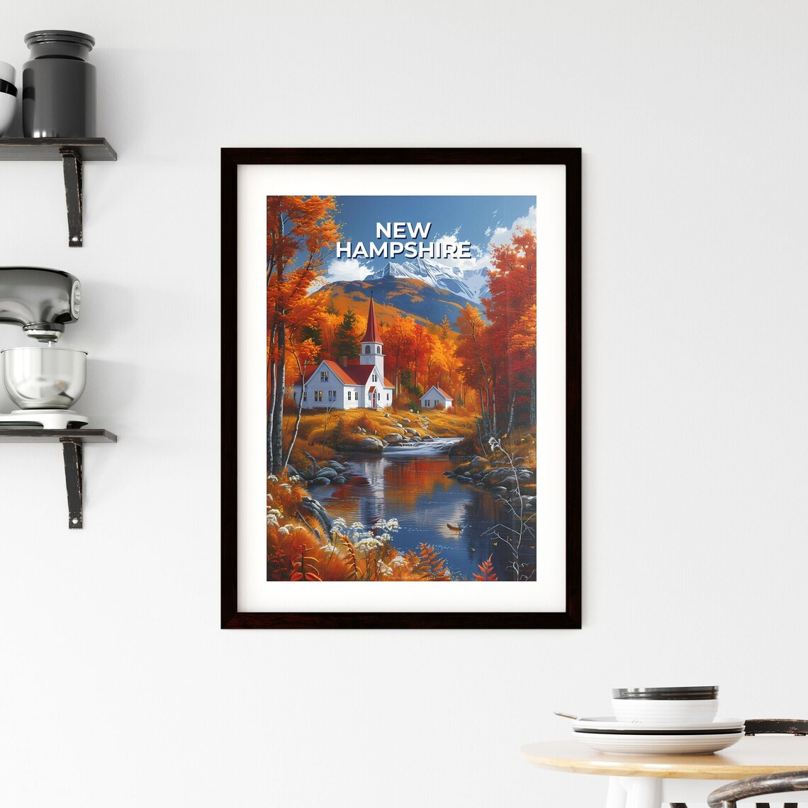 New Hampshire Autumn Church River Fall Foliage Painting Poster - Image 2