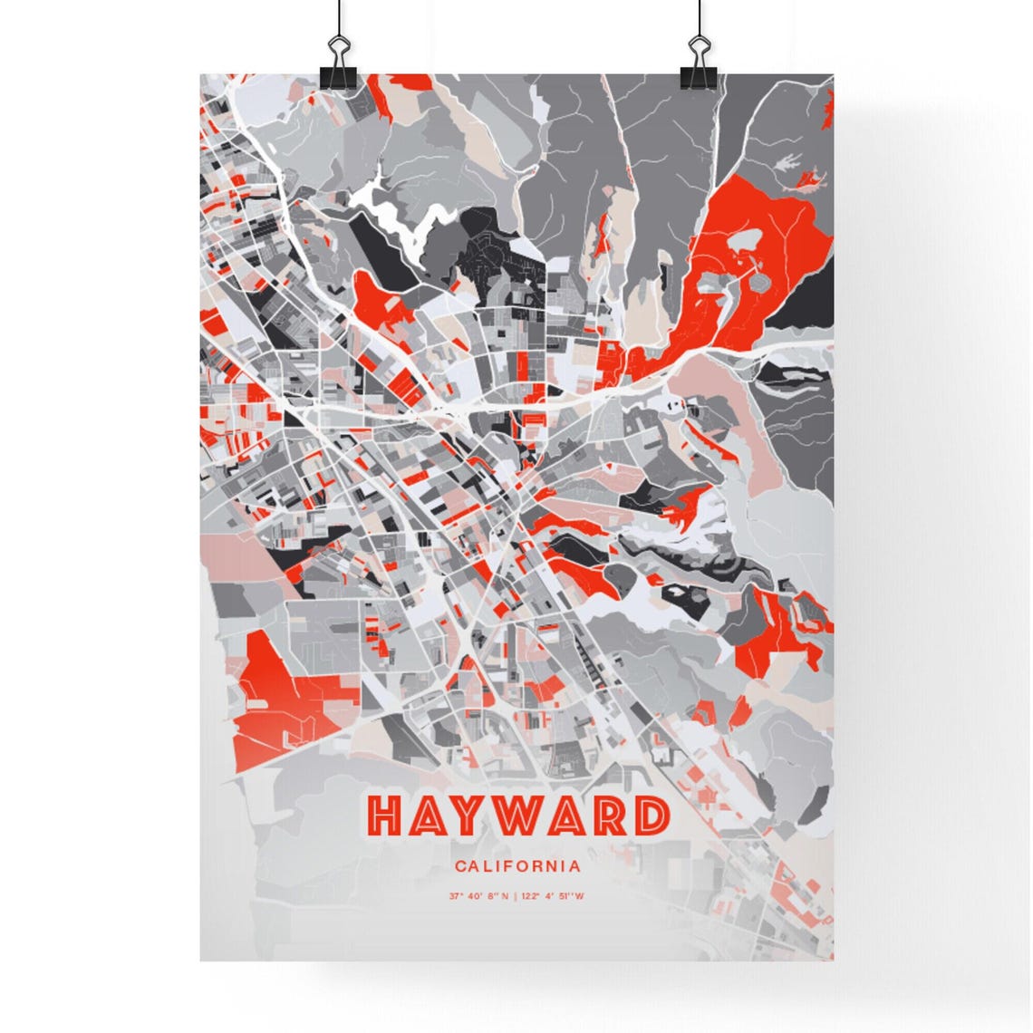 Hayward California City Map Art Poster Red Gray Expressive Modern Look - Image 3