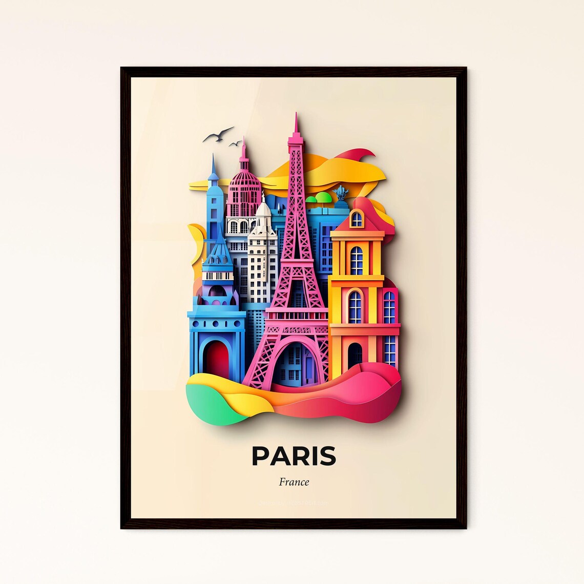 Paris France Colorful Paper Cut Eiffel Tower Skyline Travel Poster