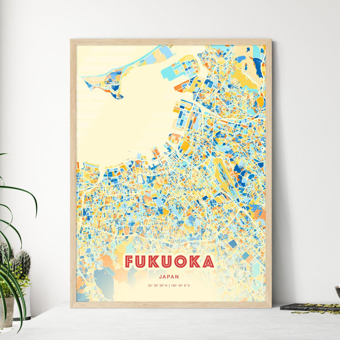 Fukuoka Japan Colorful Blue Orange City Map Art Poster Decor