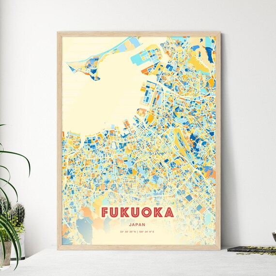 Fukuoka Japan Colorful Blue Orange City Map Art Poster Decor