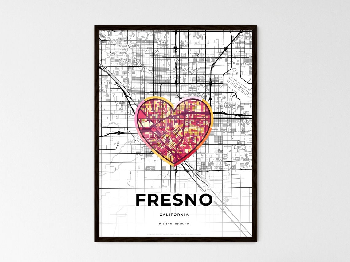 Fresno California Minimal City Map Colorful Heart Icon Art Poster