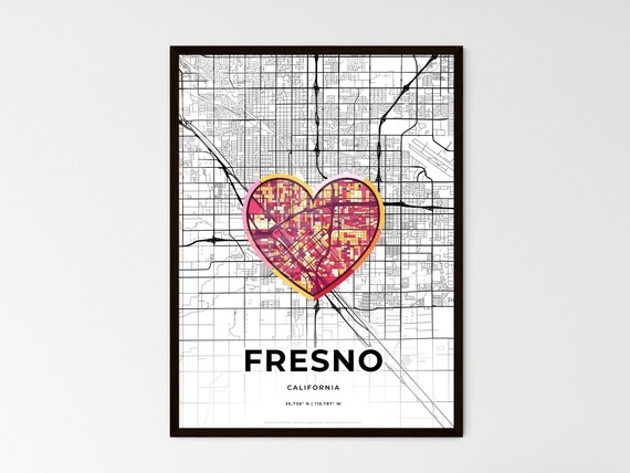 Fresno California Minimal City Map Colorful Heart Icon Art Poster