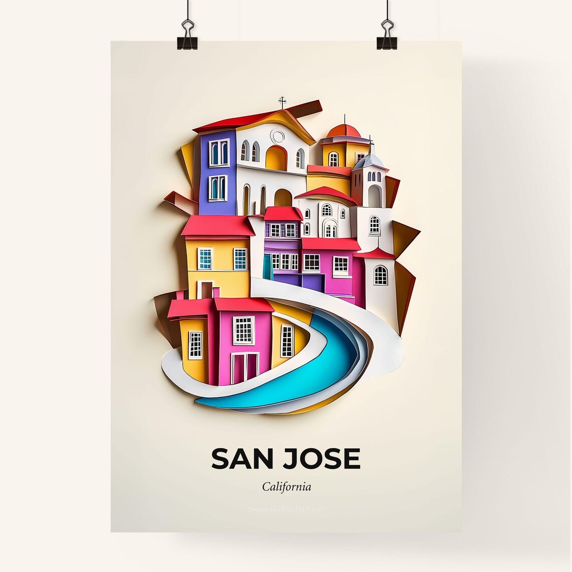 San Jose California Colorful Papercut Town River Scene Poster - Image 4