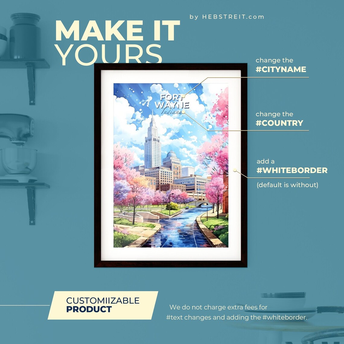 Fort Wayne Indiana Skyline Travel Poster Cherry Blossom River City Decor - Image 2