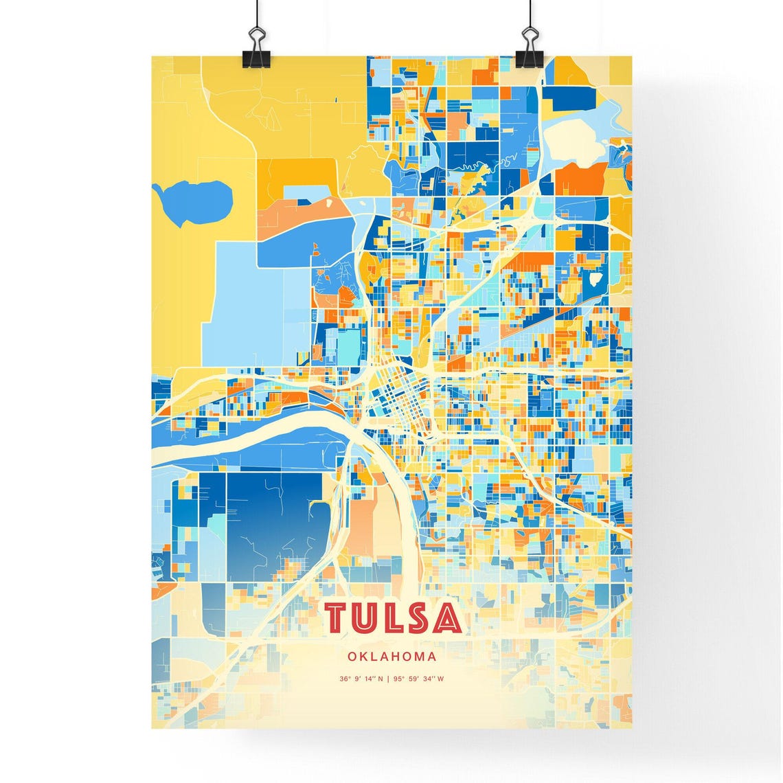Tulsa Oklahoma Modern Geometric Blue Orange City Map Art Poster - Image 3