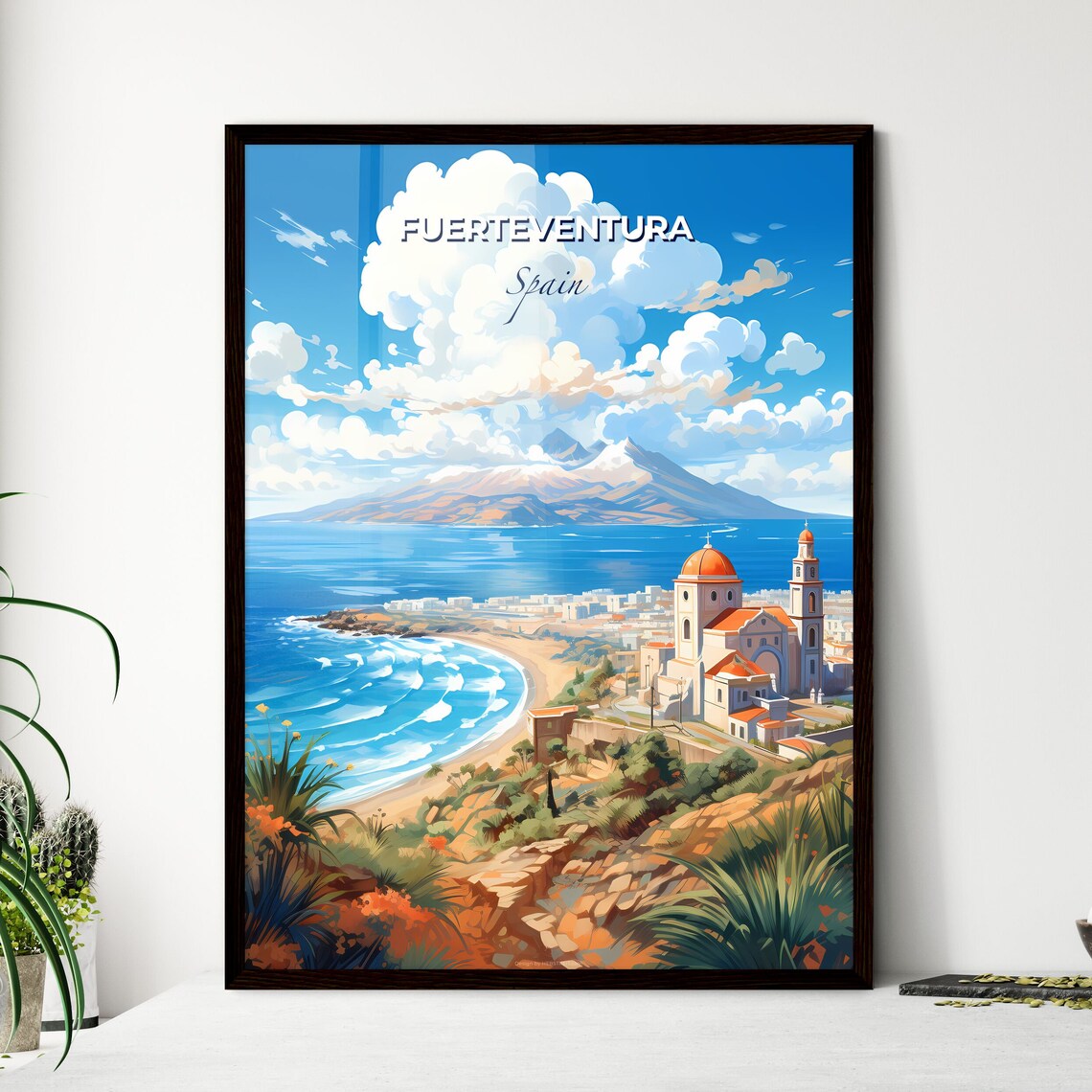 Fuerteventura Spain Beach and Church Vintage Travel Art Poster