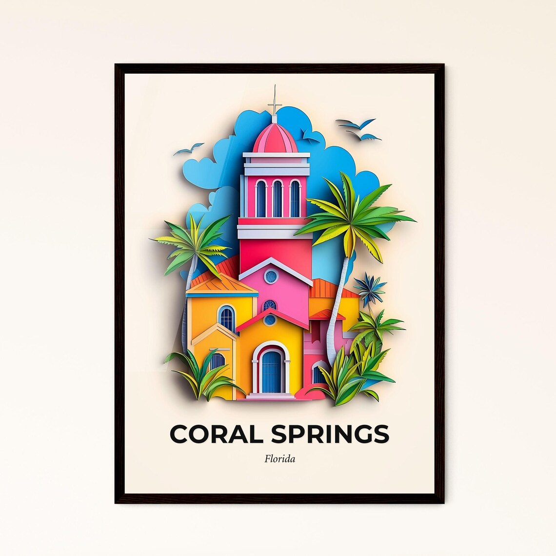 Coral Springs Florida Pink Church Palms Paper Cut Art Poster