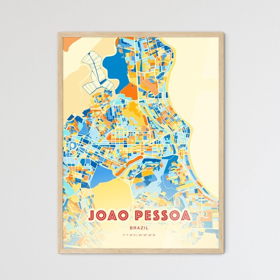 Joao Pessoa Brazil Colorful City Map Art Poster Blue Orange Coastal Grid
