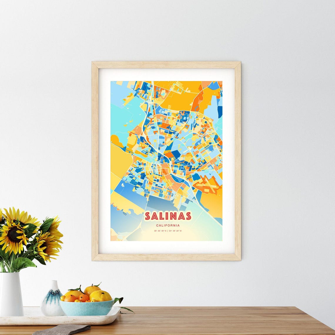 Salinas California Colorful Modern Blue Orange City Map Art Poster - Image 2