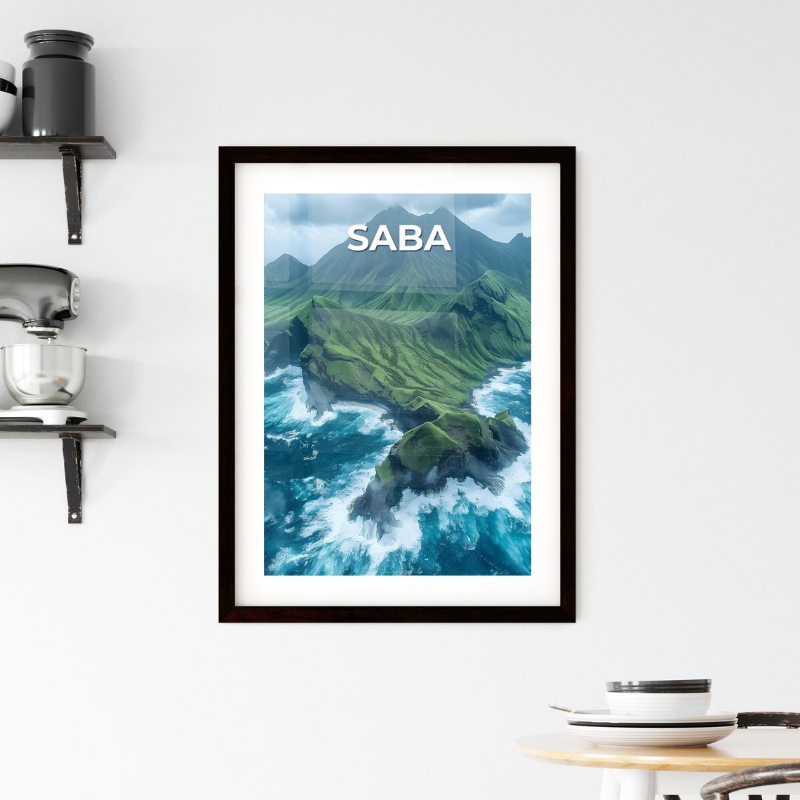 Saba Island Lush Green Peaks Ocean Cliffs Aerial View Poster - Image 2