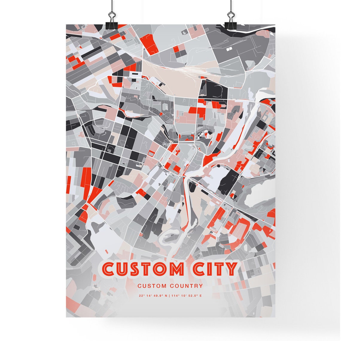 Custom City Map Poster Personalized Hometown Red Gray Modern Art - Image 3