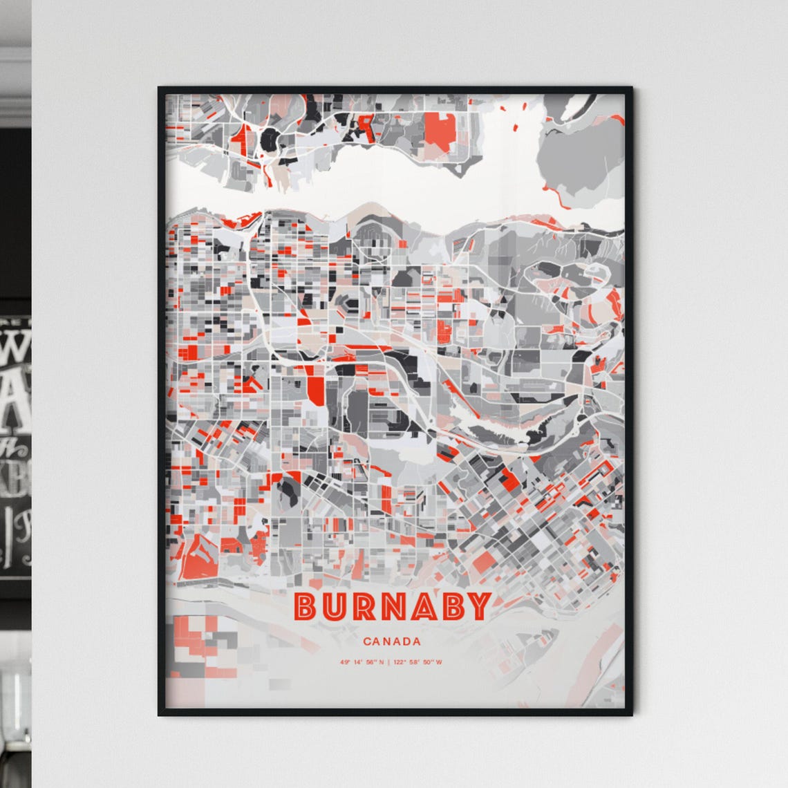 Burnaby Canada City Map Art Modern Red Gray Coordinate Poster