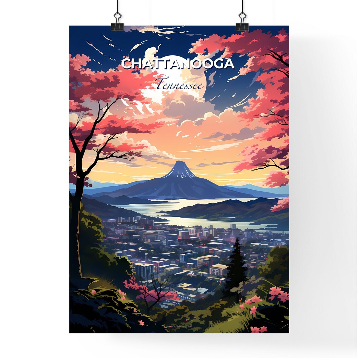 Chattanooga Tennessee Night Skyline Moon Blossom Travel Poster - Image 4