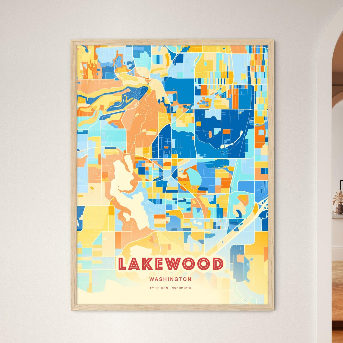 Lakewood Washington Colorful Blue and Orange Retro City Street Map Wall Art - Image 3