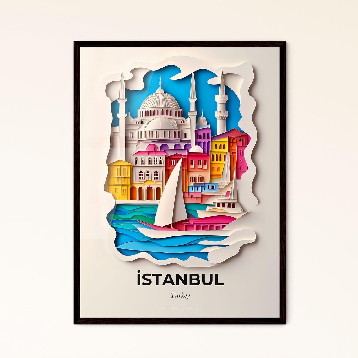 Istanbul Turkey Colorful Paper Cut Mosque and Sailboat Poster