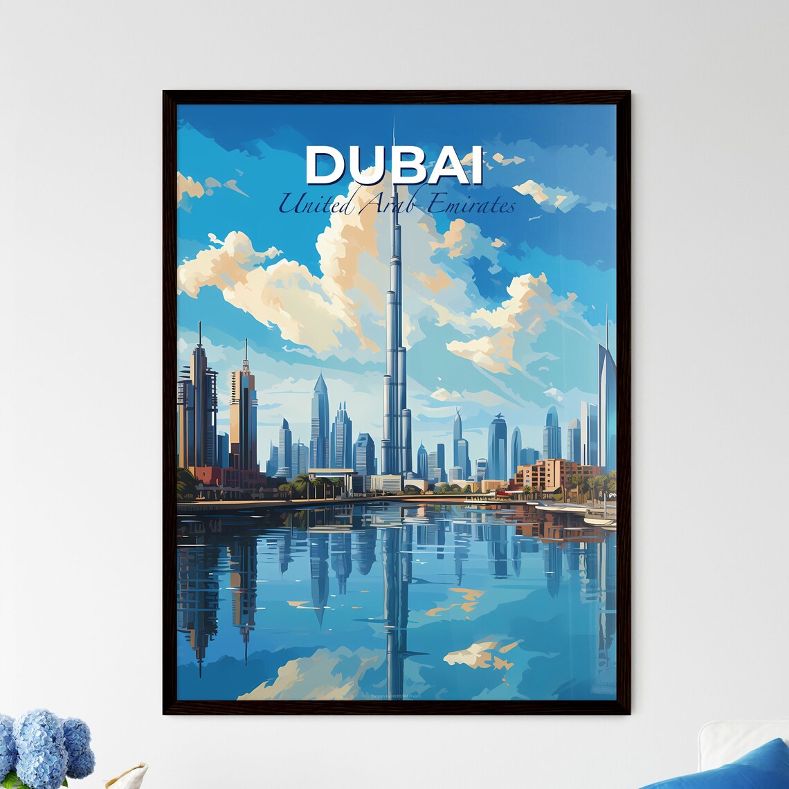 Dubai United Arab Emirates Travel Poster Modern City Skyline Lake Art