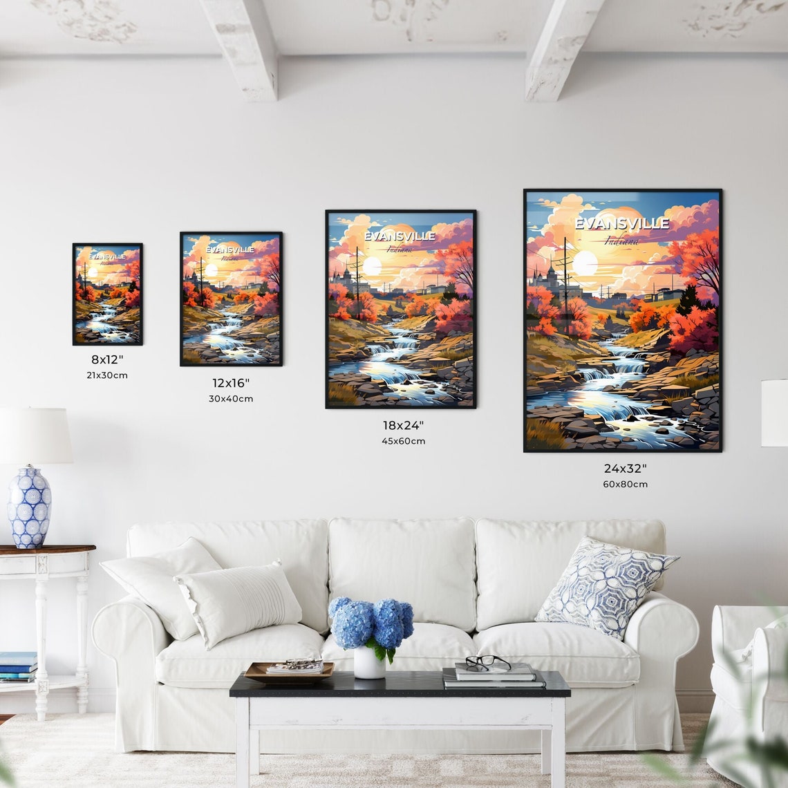 Evansville Indiana Waterfall Stream Autumn Sunset Travel Poster - Image 3