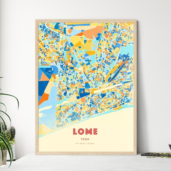 Lome Togo Blue Orange Vibrant Coastal Port City Map Art Poster