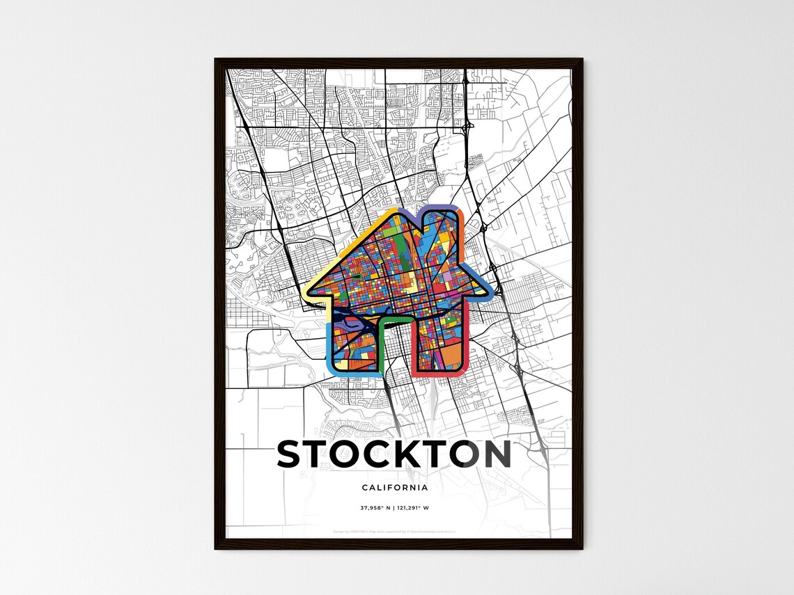 Stockton California Minimal Map Art With Colorful Heart Icon Poster - Image 3