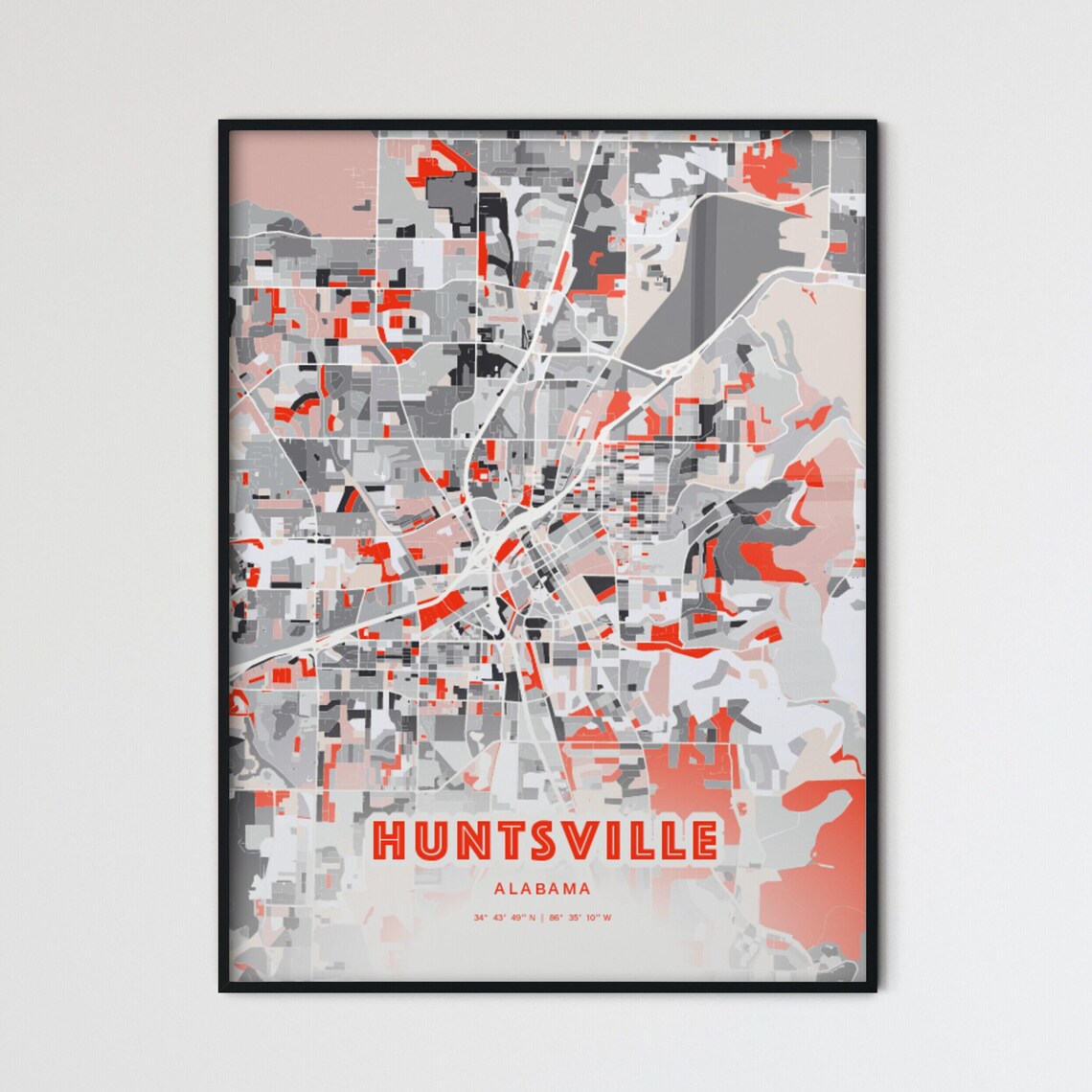 Huntsville Alabama Expressive Red Abstract City Map Art Poster