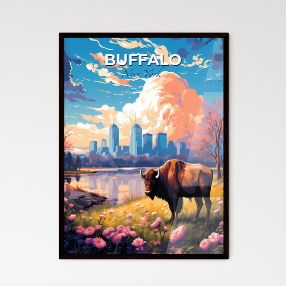 Buffalo New York Skyline A Buffalo Standing In A Grassy Field Next To A Body Of Water Customizable Gift Travel Art
