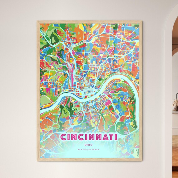 Cincinnati Ohio Vibrant Crazy Colorful Mosaic City Map Poster