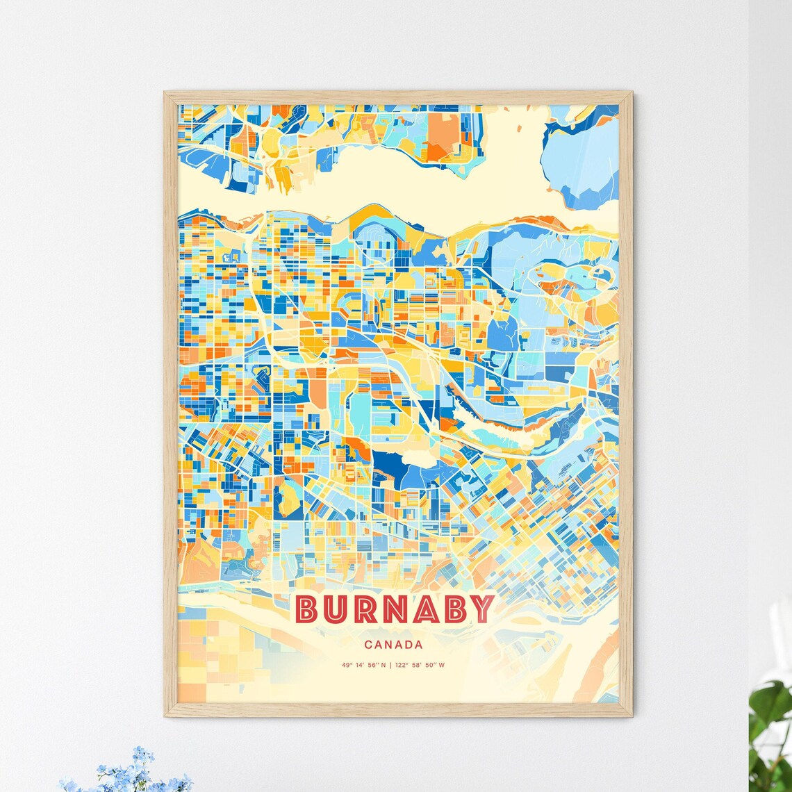 Burnaby Canada Retro City Map Art Poster Blue Orange Street Style