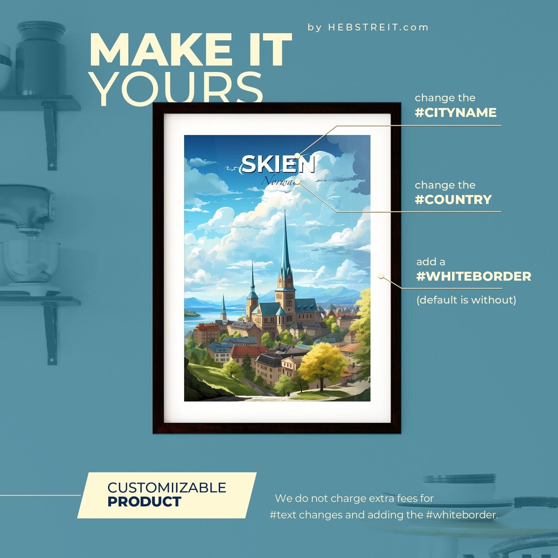 Skien Norway Church Spire Illustrated Scenic Vintage Travel Poster - Image 2
