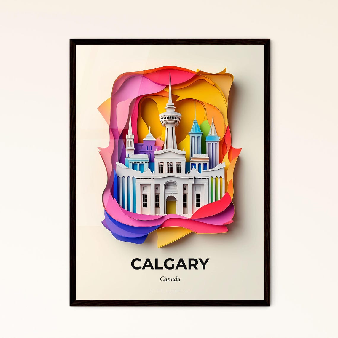 Calgary Tower Canada Colorful Papercut Skyline Travel Poster