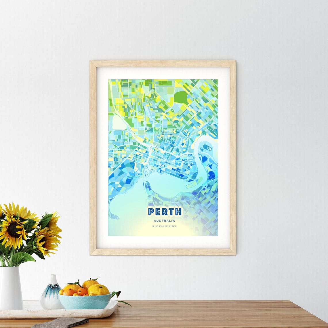 Perth Australia Pastel Blue City Map Art with Coordinates Poster - Image 2