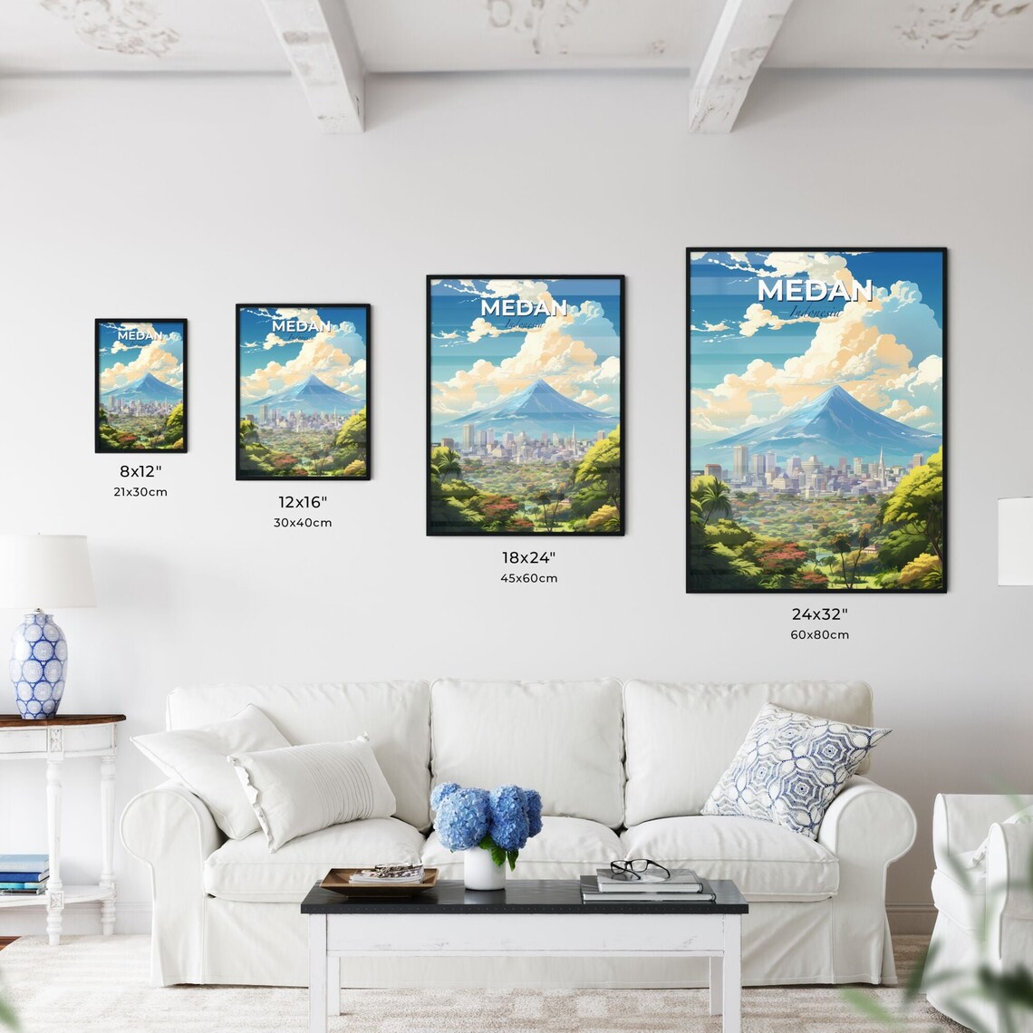 Medan Indonesia Travel Poster Volcano Mountain City Skyline Jungle Illustration - Image 3