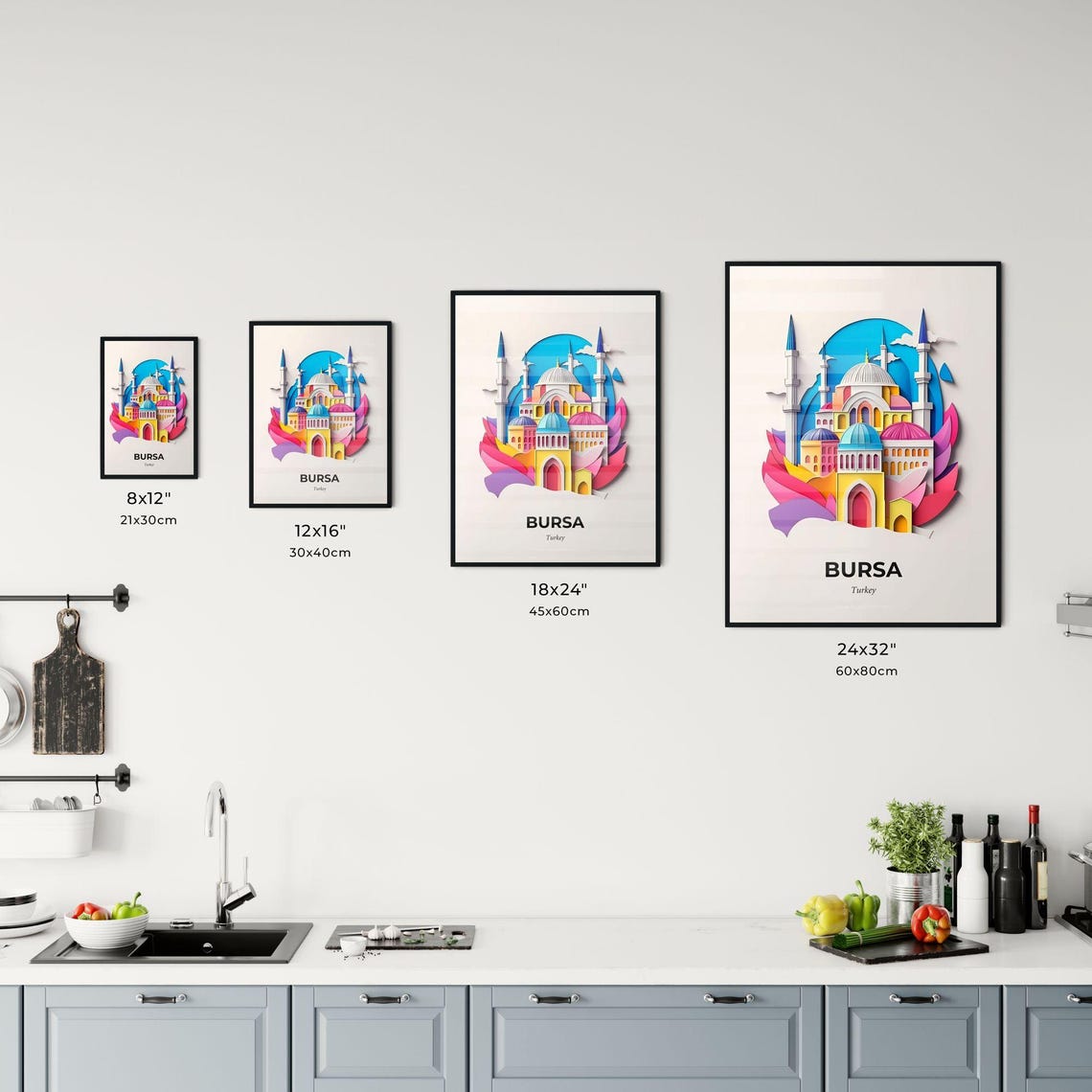 Bursa Turkey Colorful Ottoman Mosque 3D Paper Cut Domes Art Poster - Image 3