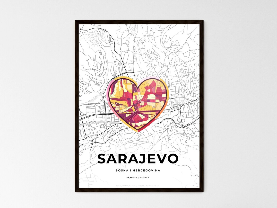 Sarajevo Bosnia and Herzegovina Modern Minimalist Heart Street Map Art Poster